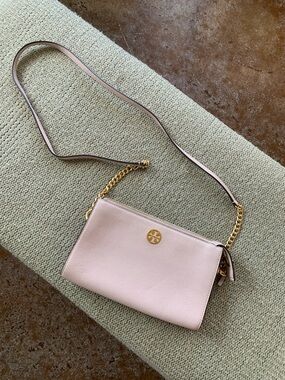 Tory Burch Pale Pink Pebbled Leather Crossbody with Gold Chain